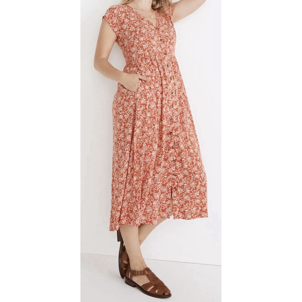 Madewell Dress Medium Button-Front Piazza Floral Orange White Flower Cottagecore